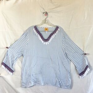 Women’s Ruby RD White & Blue stripe Embroidered Tassel Tunic. Size XL